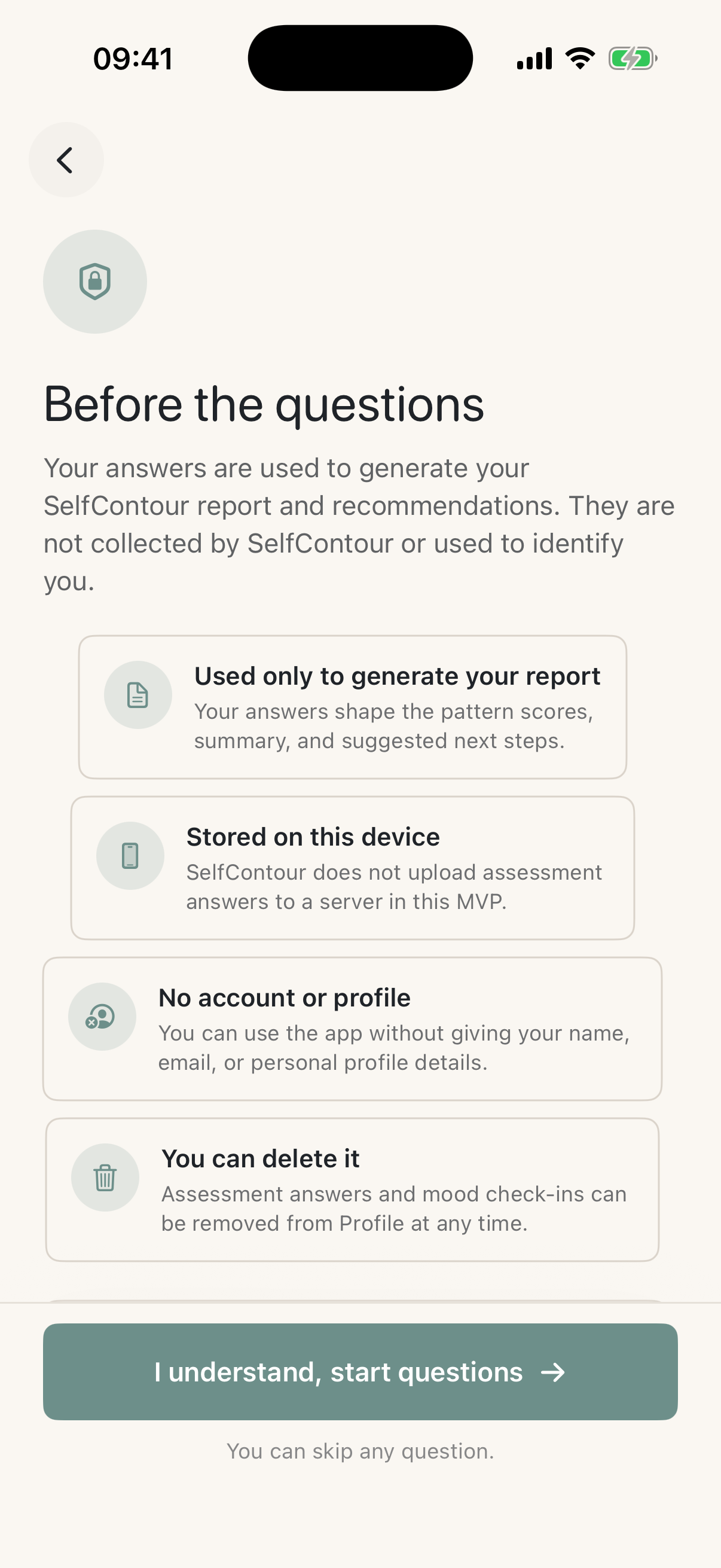 Screenshot of SelfContour privacy notice before assessment questions