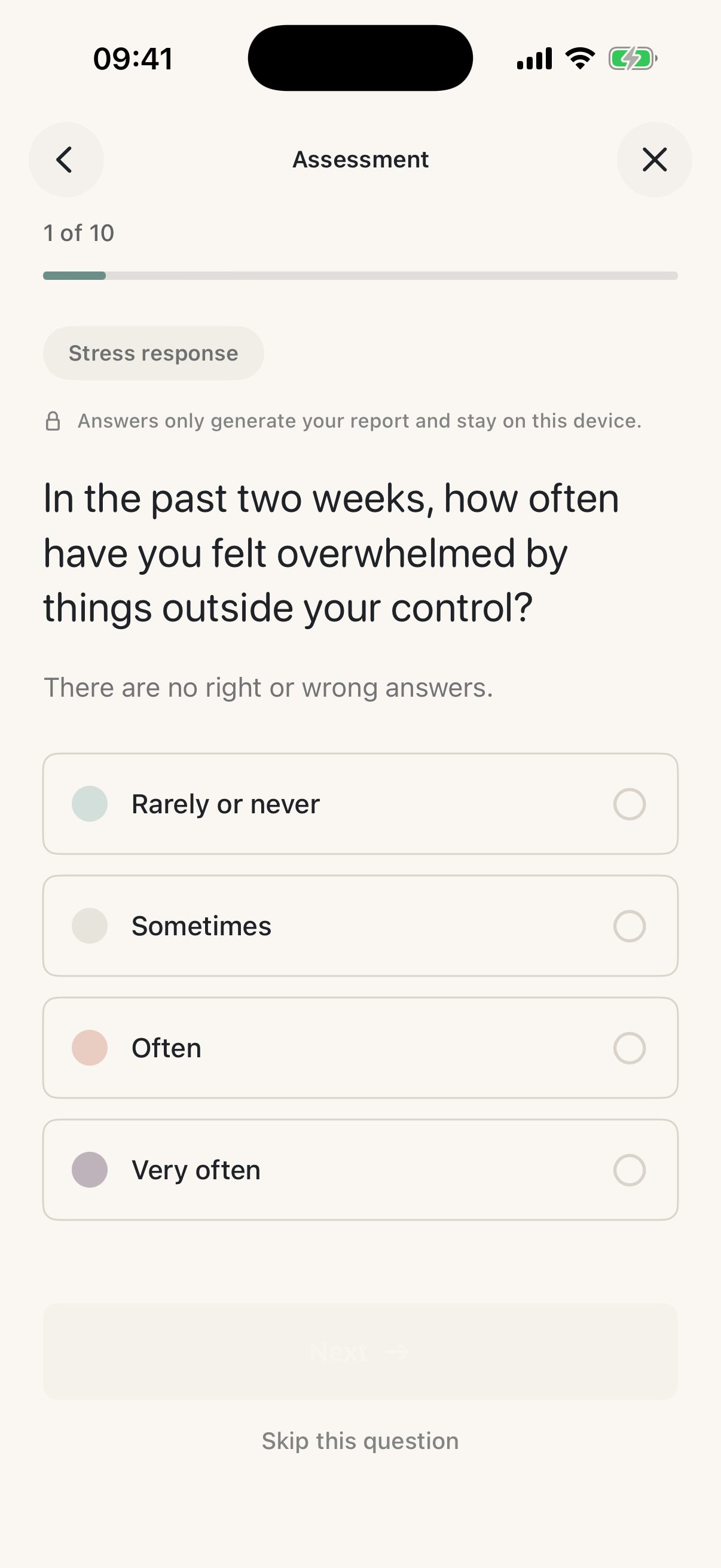 Screenshot of SelfContour assessment question screen