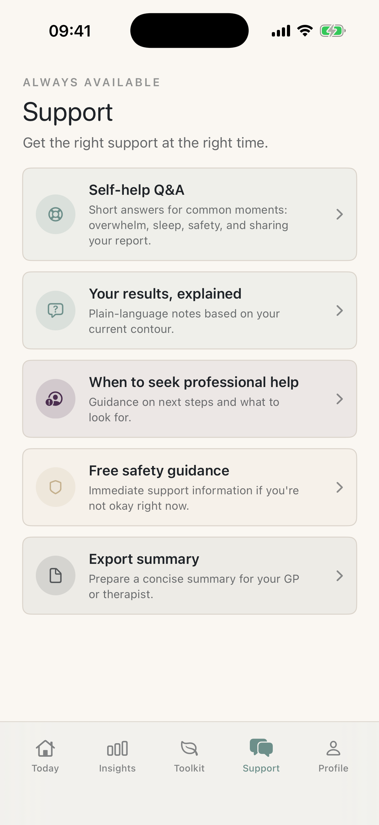 Screenshot of SelfContour Support screen with support options